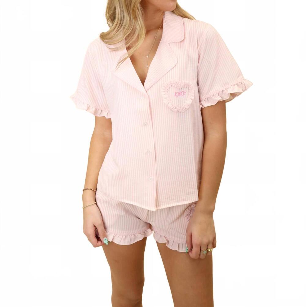 NEW PEACH LOVE women's pinstripe ruffle shorty pajamas set in pink stripe